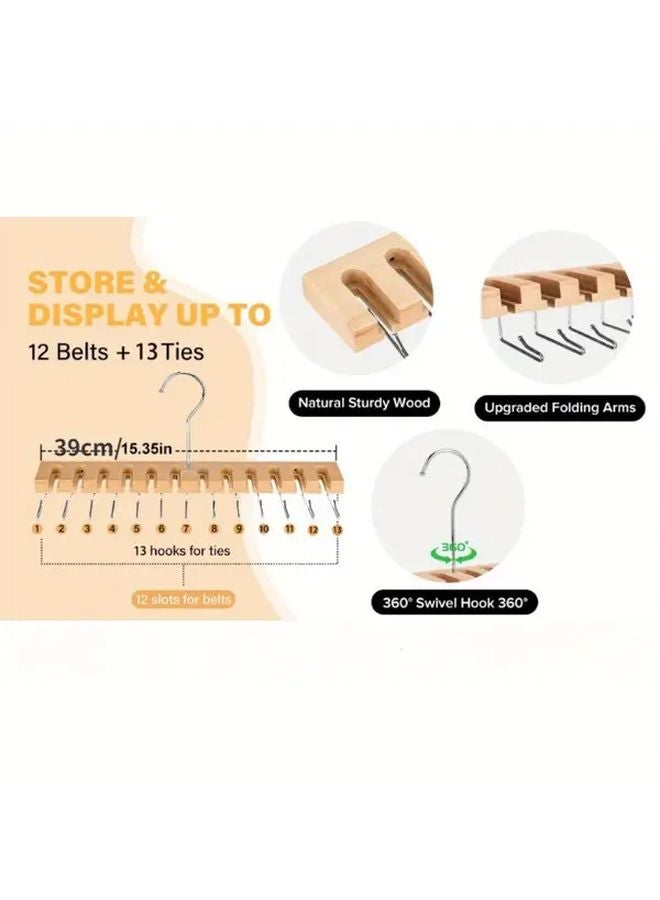 Wooden Belt Organizer With 360 Swivel Hook Stores 12 Belts And 13 Ties Space Saver - Image 3